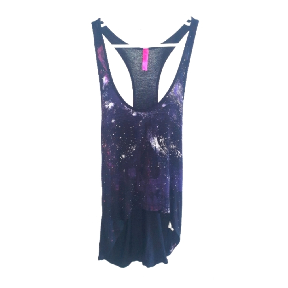 Galaxy skull print tank top in black, purple, and white